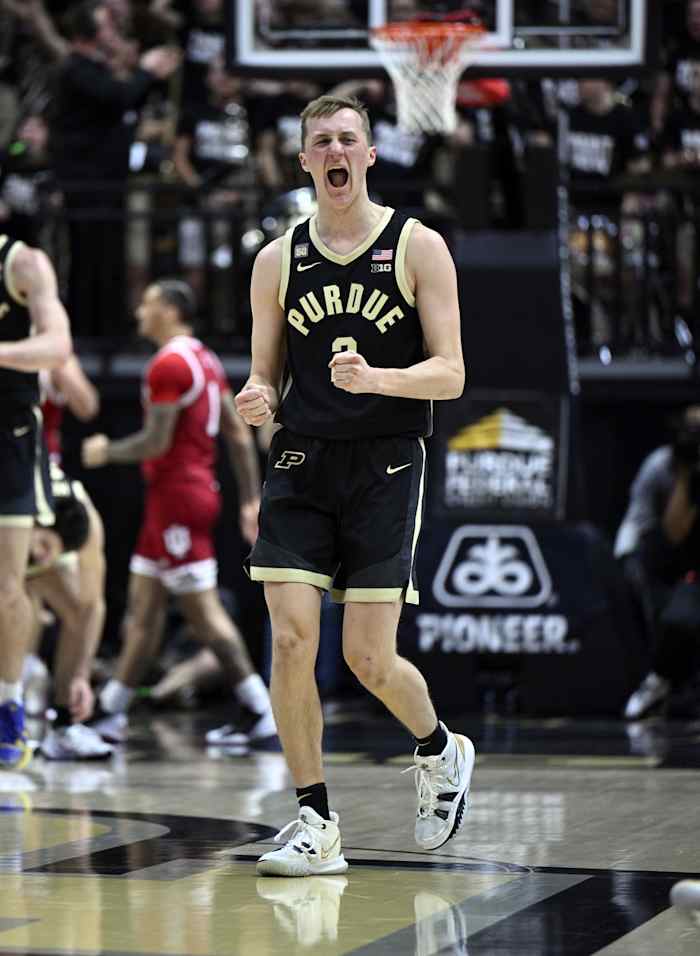 Purdue Boilermakers guard Fletcher Loyer (2) reacts during the first half against the Indiana Hoosiers at Mackey Arena.